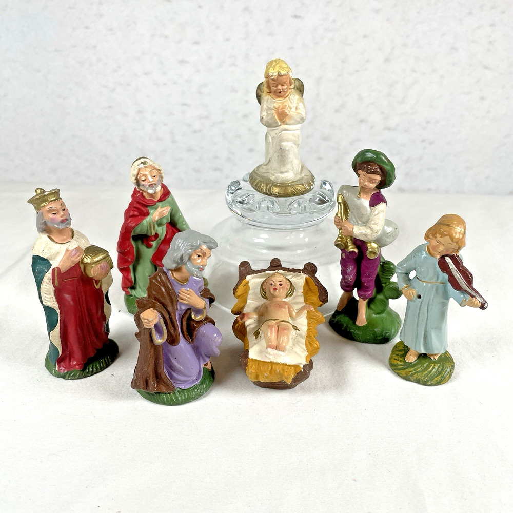 Vintage Chalkware Plaster Nativity Figures Figurines x7 Italy 1950s Christmas